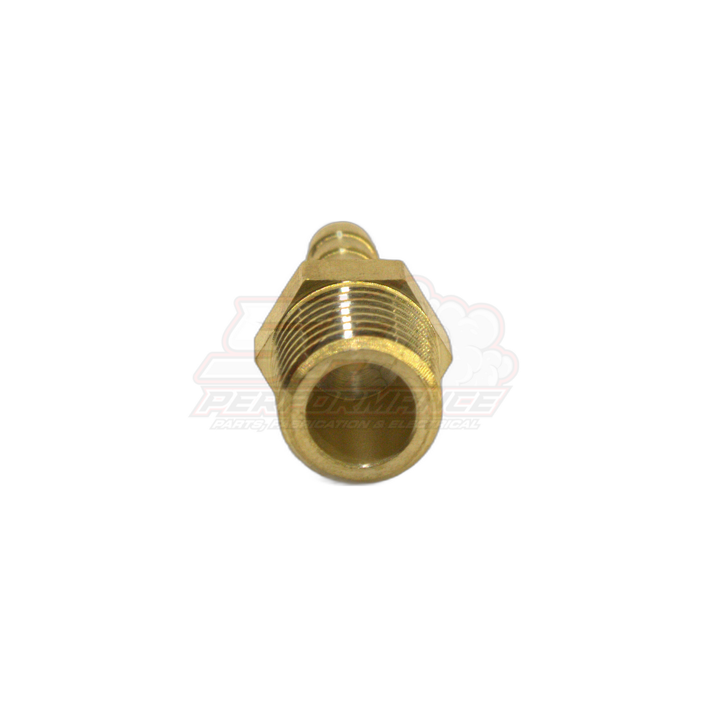 Front angled view of 1/4 inch male NPT to 6mm barb brass fitting showing threaded end and barb connection