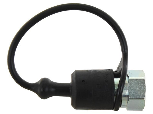 Black rubber dust cap with lanyard attached to zinc-plated 1/2 inch Nitto style quick coupling showing side view of assembled connection