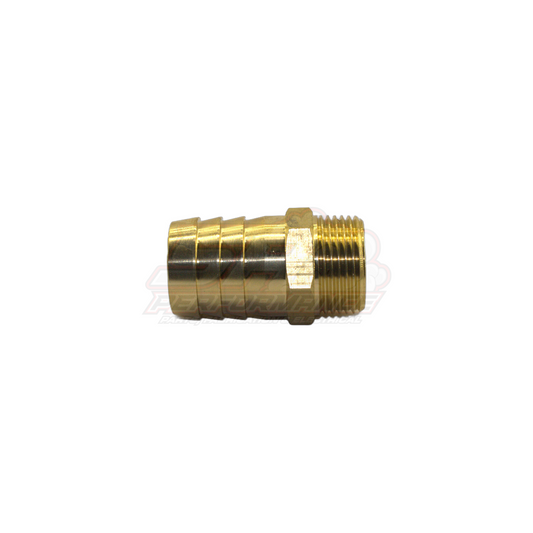 Side profile view of 3/4 inch male NPT to 25mm 1 inch barb brass fitting showing threaded end and triple barb ridges