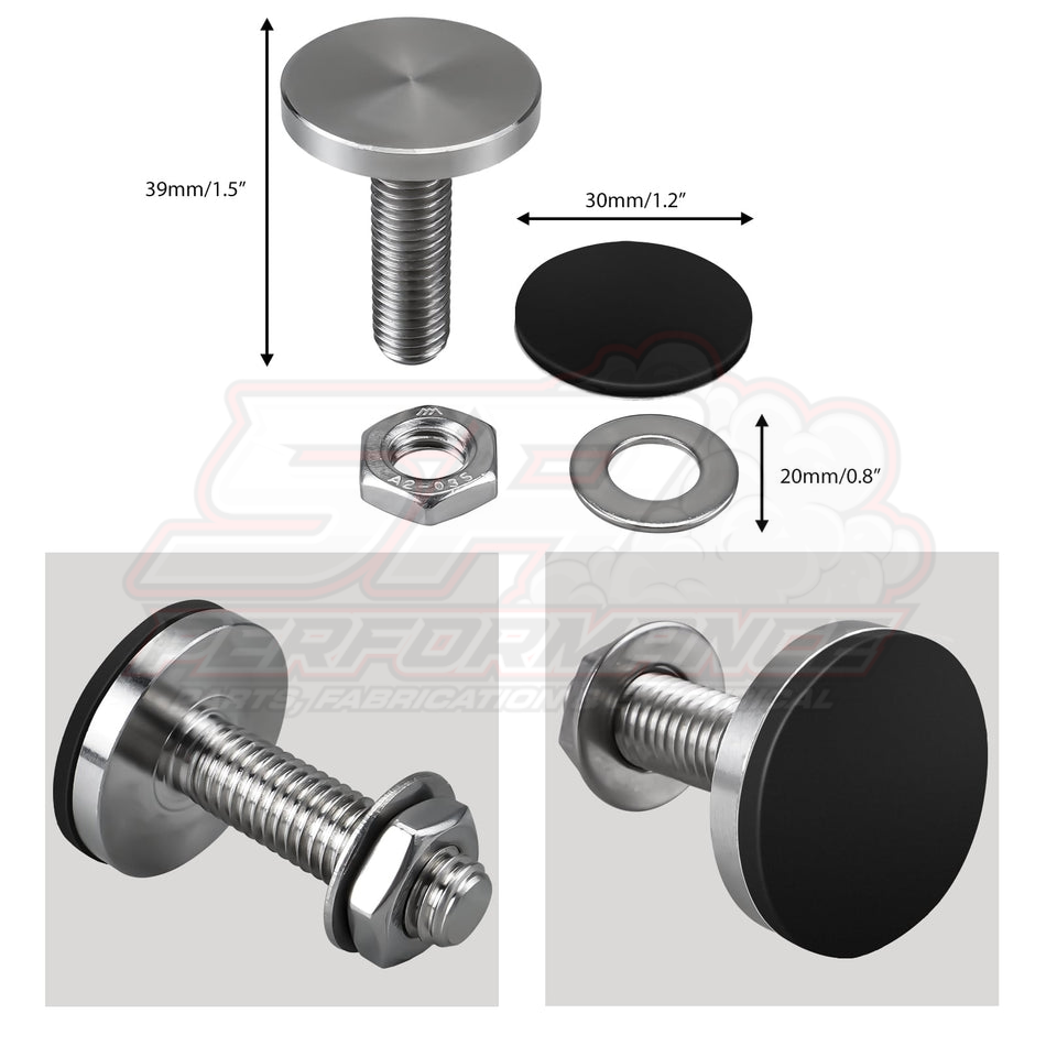 Assembled BEVINSEE short clutch stop showing 39mm stainless bolt with black rubber cap, hex nut, washer and dimensions for BMW E46 E36 E30 E39 Z3