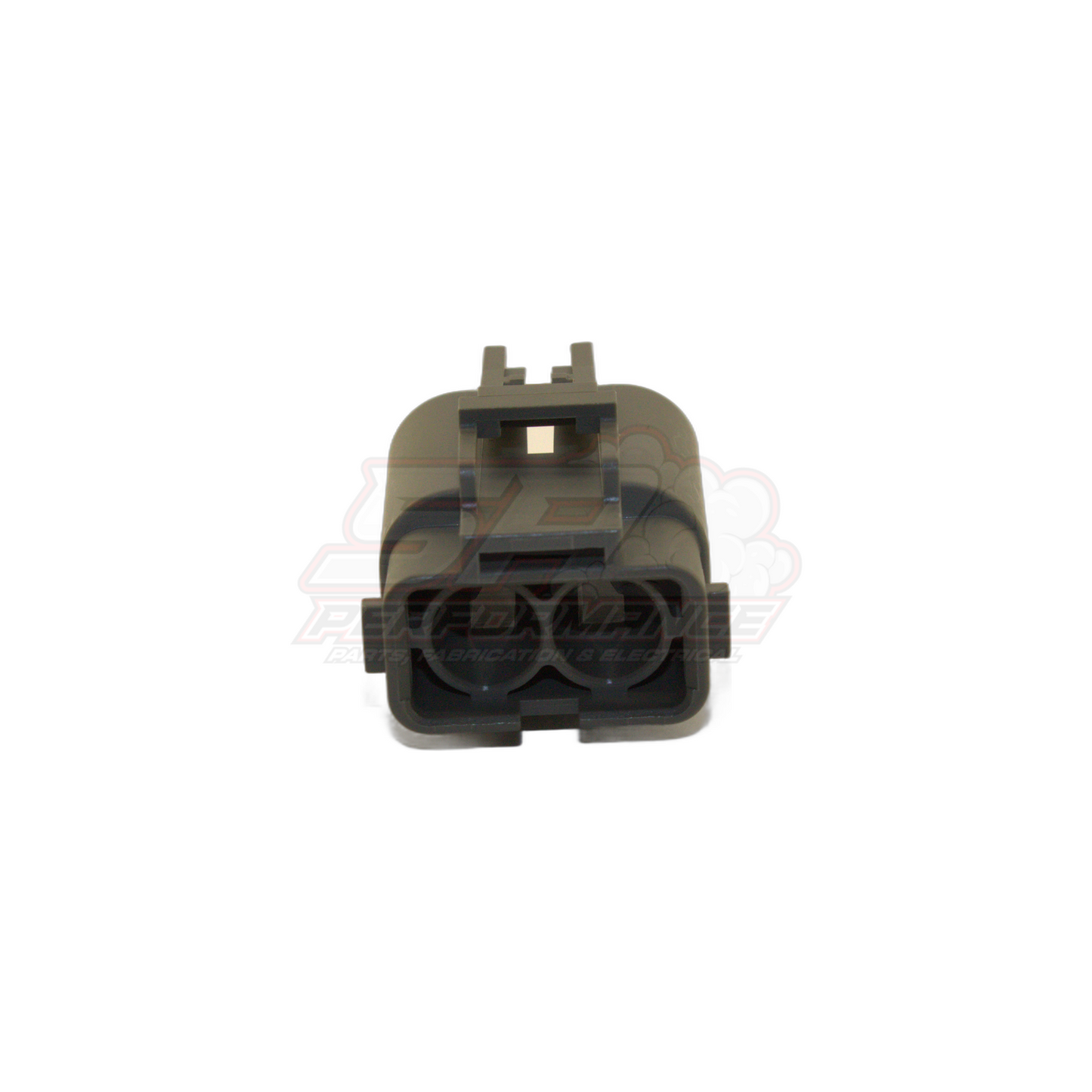 Front view of 2-pin grey automotive connector showing dual terminal cavities and top locking tabs for alternator wiring