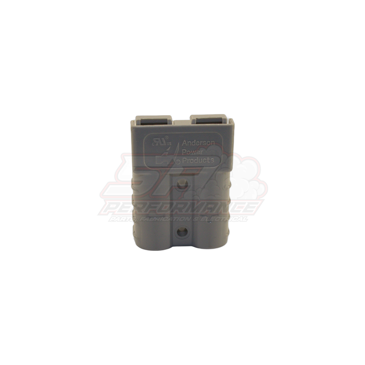 Anderson 2 pin 50 amp grey connector front view showing dual contact housings and mounting holes