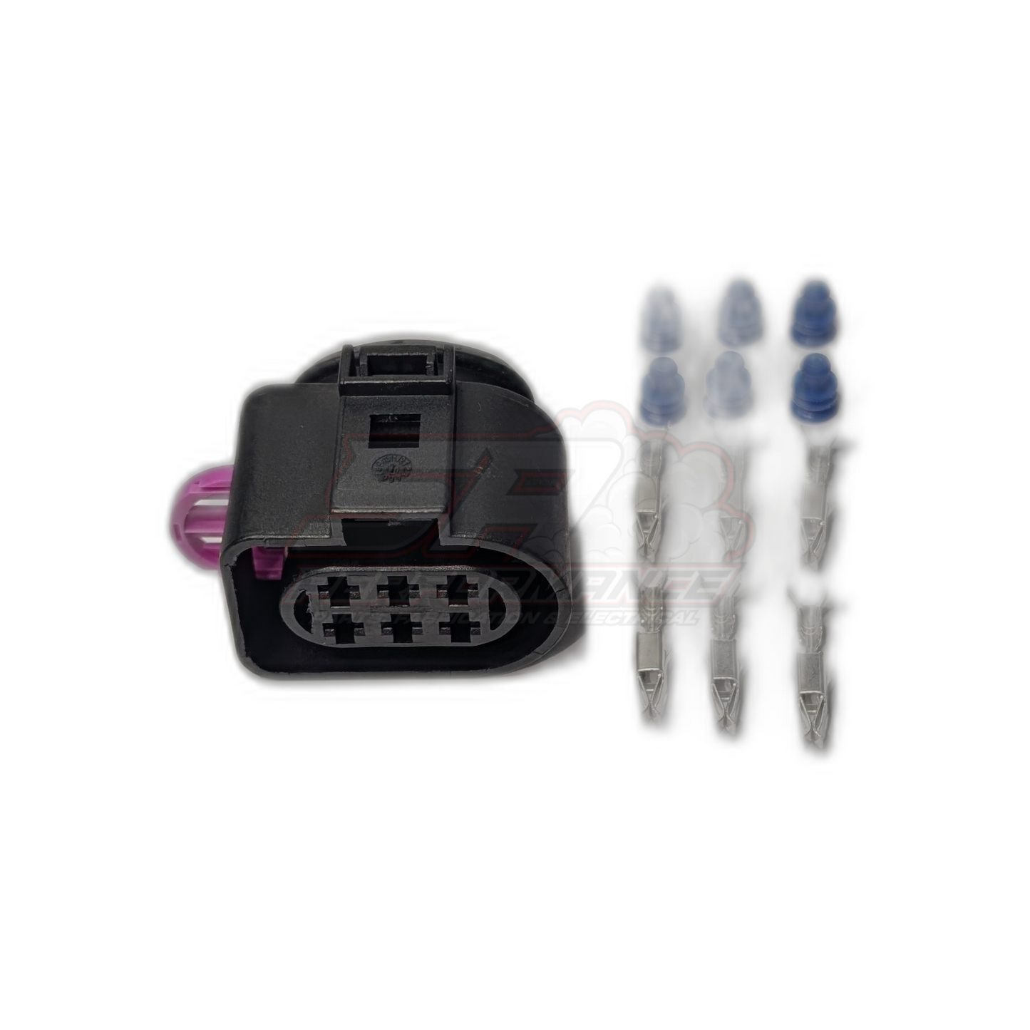 Bosch LSU 4.2 6-pin connector housing showing oval socket end with purple secondary lock, plus six terminals and blue wire seals