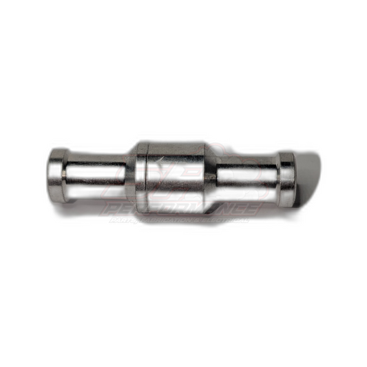10mm aluminium inline one way check valve side profile view showing polished anodised body with 10mm barbed fittings both ends