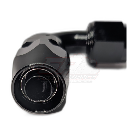 Black anodised aluminium AN10 90 degree PTFE hose end fitting front view showing hexagonal wrench flats and internal olive seal