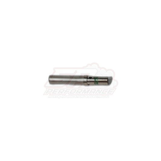 Side view of Deutsch DT female terminal 1.0-2.0mm² showing solid green band marking on cylindrical silver barrel with crimp section visible