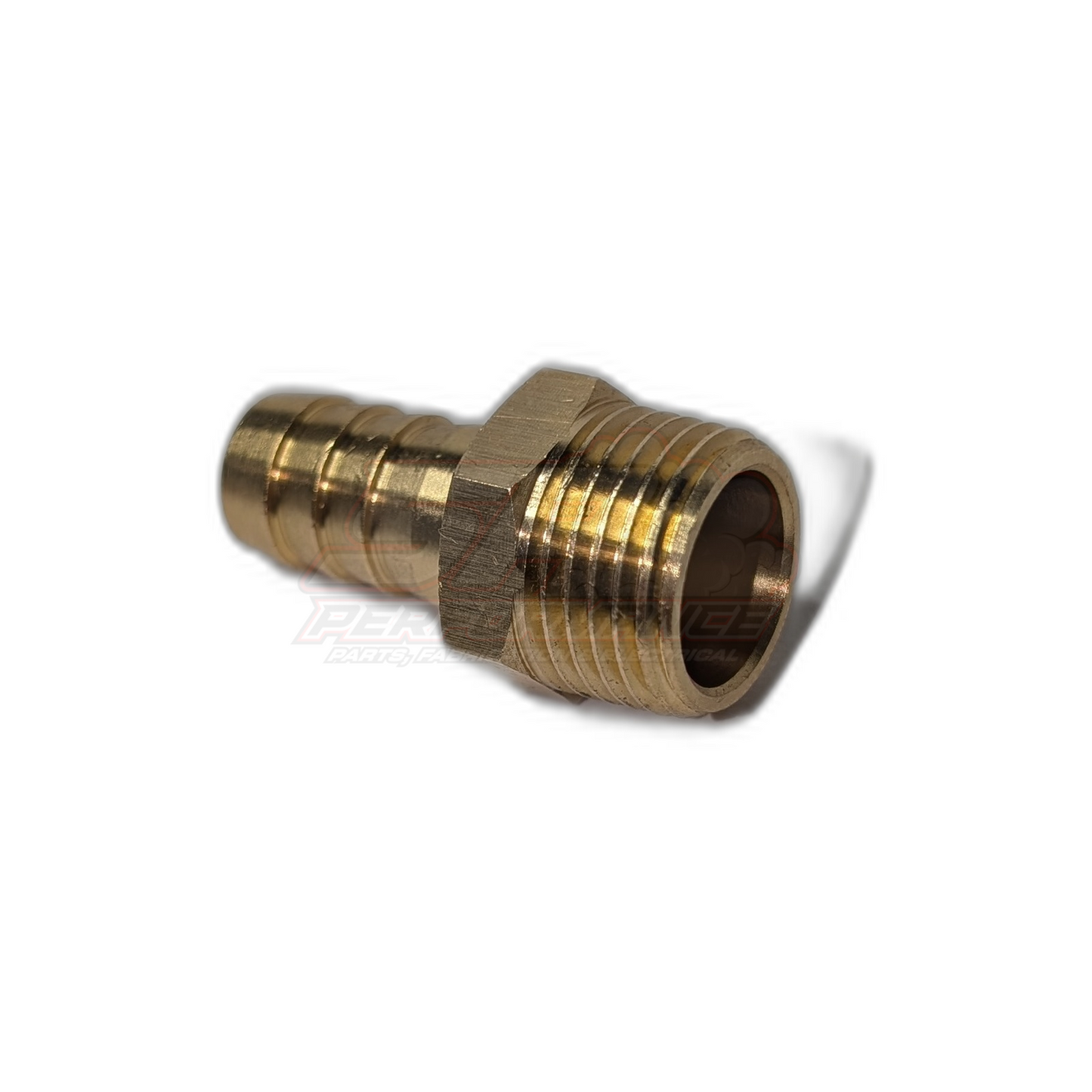 Angled view of brass 1/2 inch male NPT to 12.7mm barb fitting showing threaded end and machined hex body