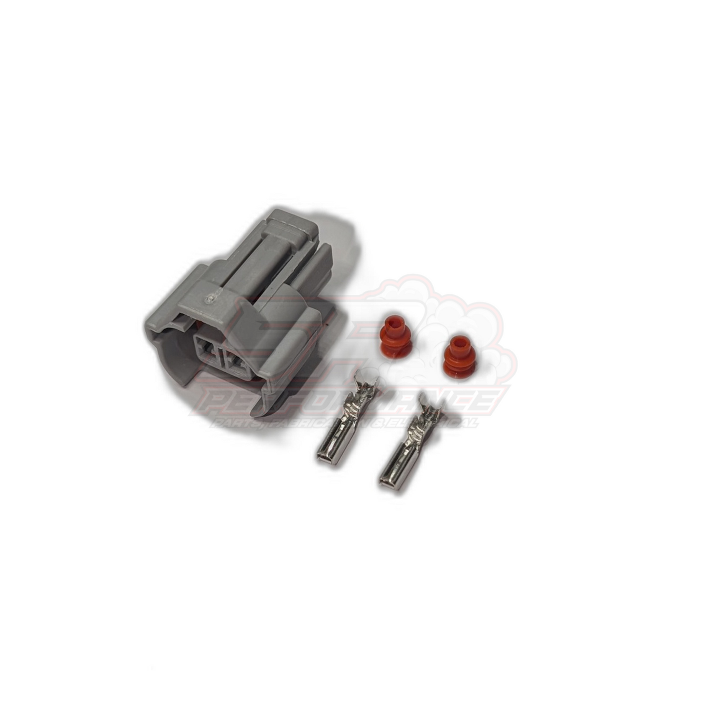 Japanese 2-pin High Guide Denso injector connector kit showing grey housing with two silver terminals and red seals