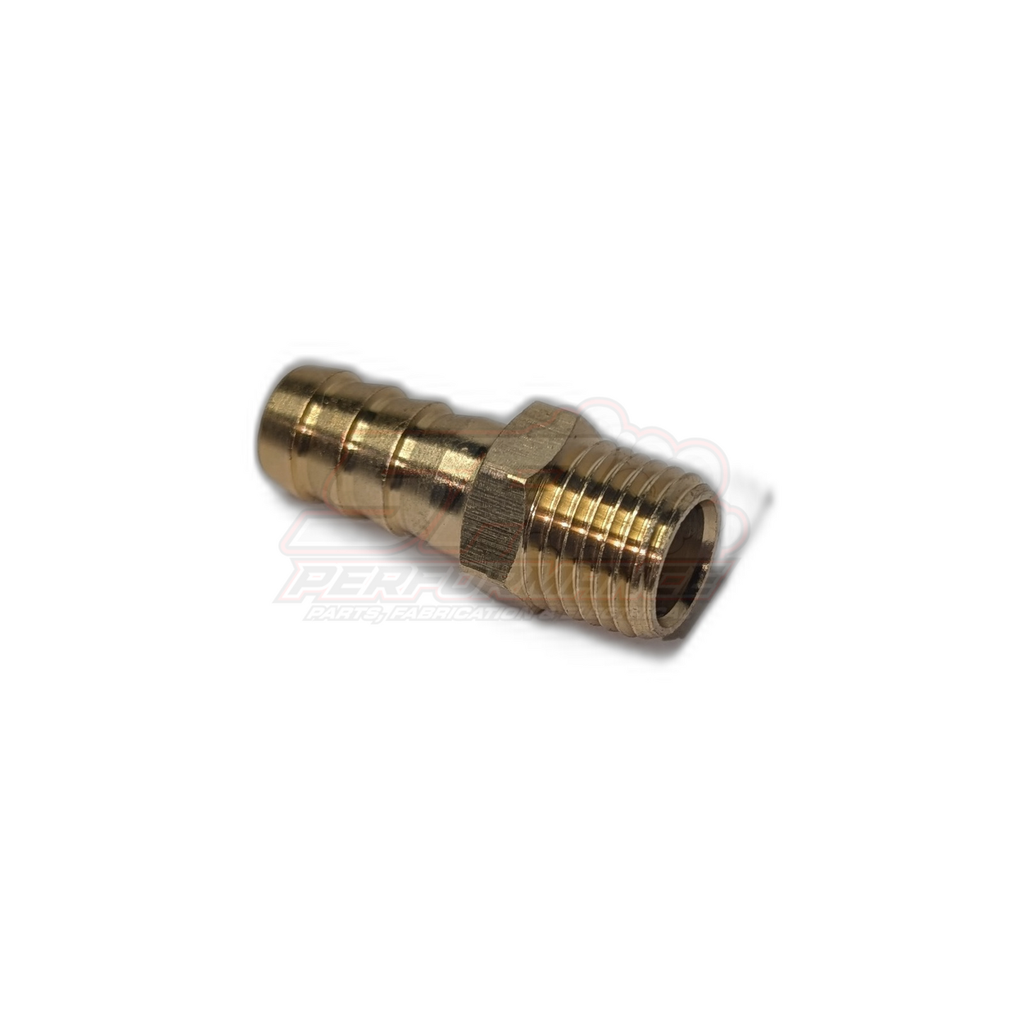 Angled view of brass 1/4" male NPT to 9.5mm 3/8" barb fitting showing threaded end and hex body detail