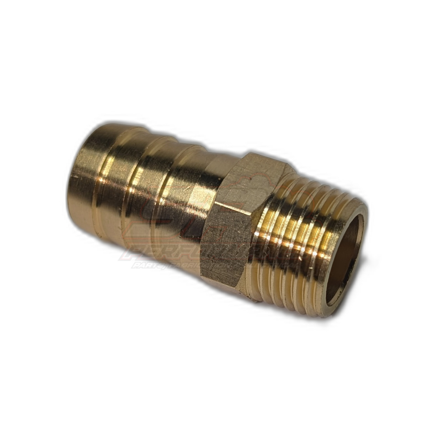 Angled side view of 1/2 inch male NPT to 19mm 3/4 inch barb brass fitting showing hexagonal centre nut and ribbed barb end