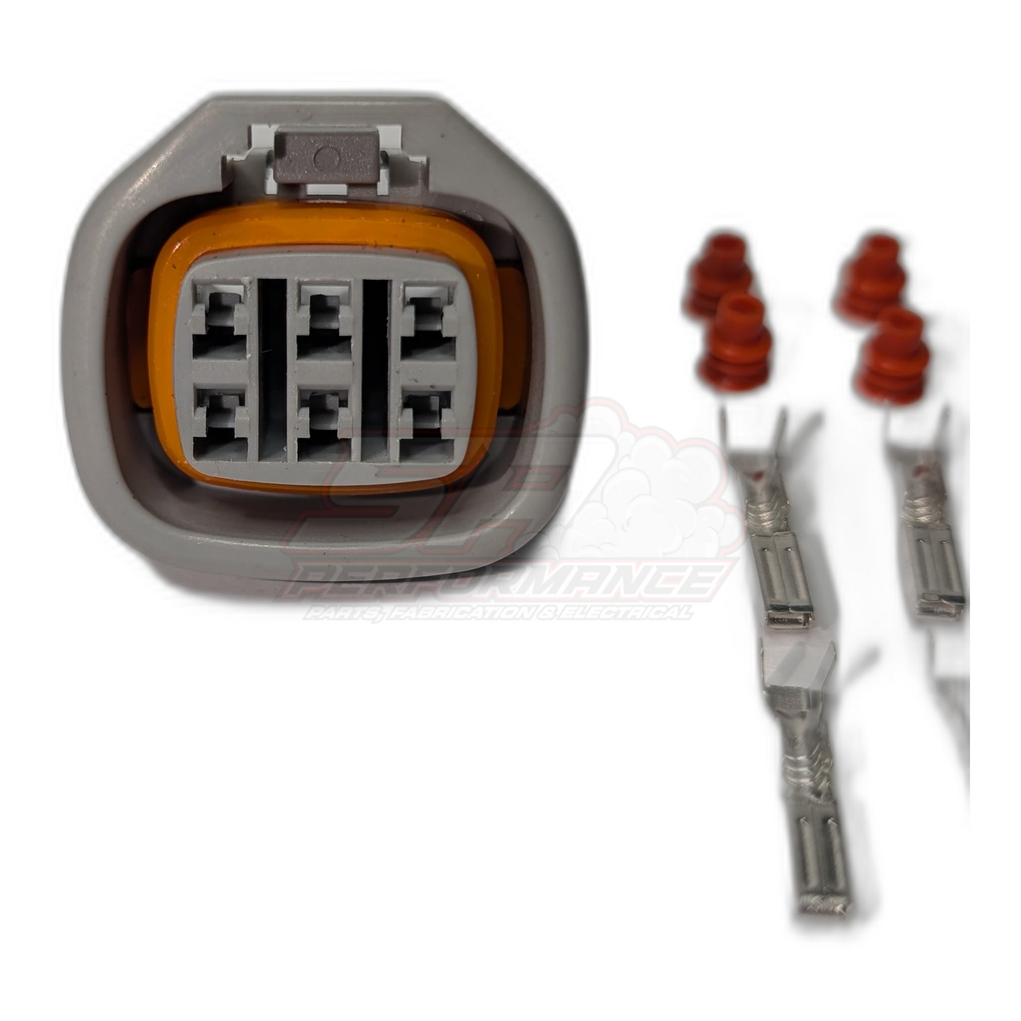 Denso 6 pin connector grey housing with orange seal, two metal terminals and red seals for throttle pedal and idle speed motor applications