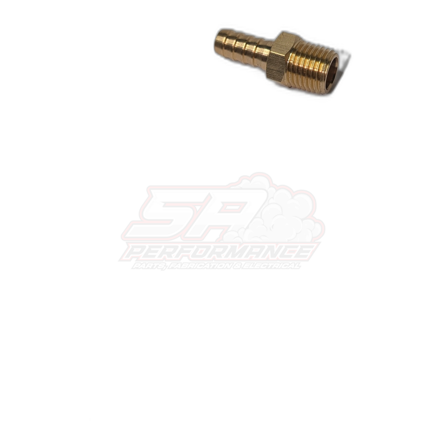 Brass 1/4" male NPT to 8mm 5/16" barb fitting angled side view showing hex body and threaded end detail