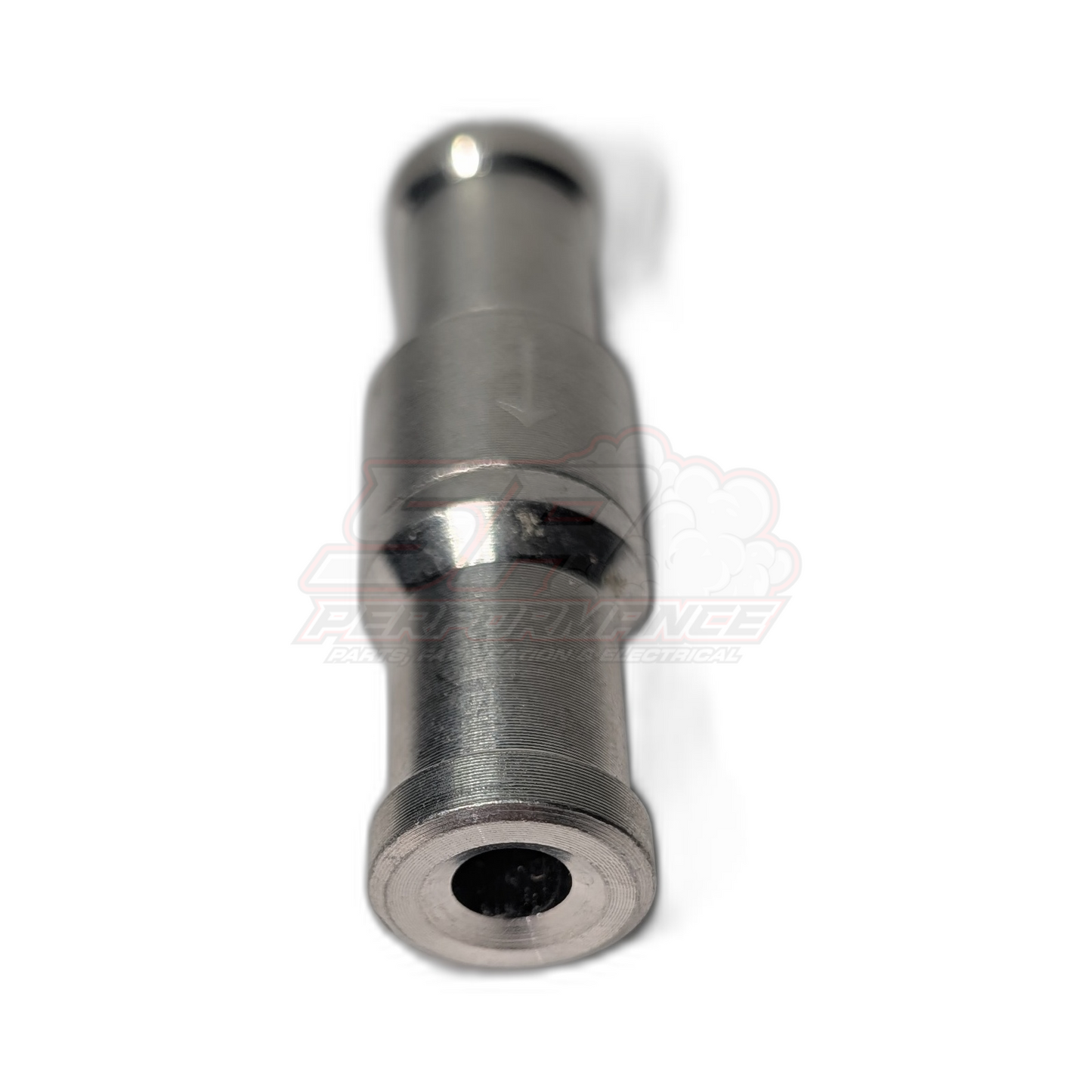 Angled end view of 12mm aluminium inline one way valve showing barbed fitting and central bore with threaded section visible