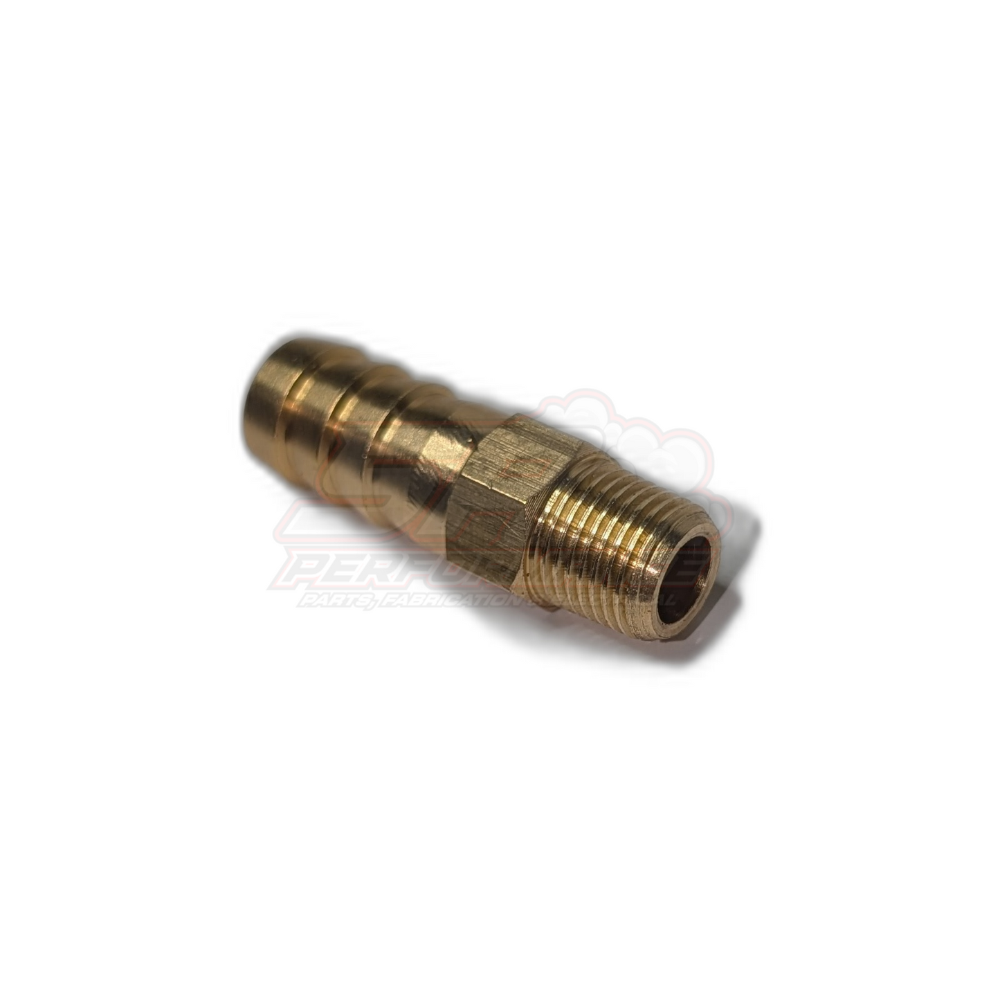 Angled side view of 1/8" male NPT to 9.5mm 3/8" barb brass fitting showing threaded end and ribbed barb detail