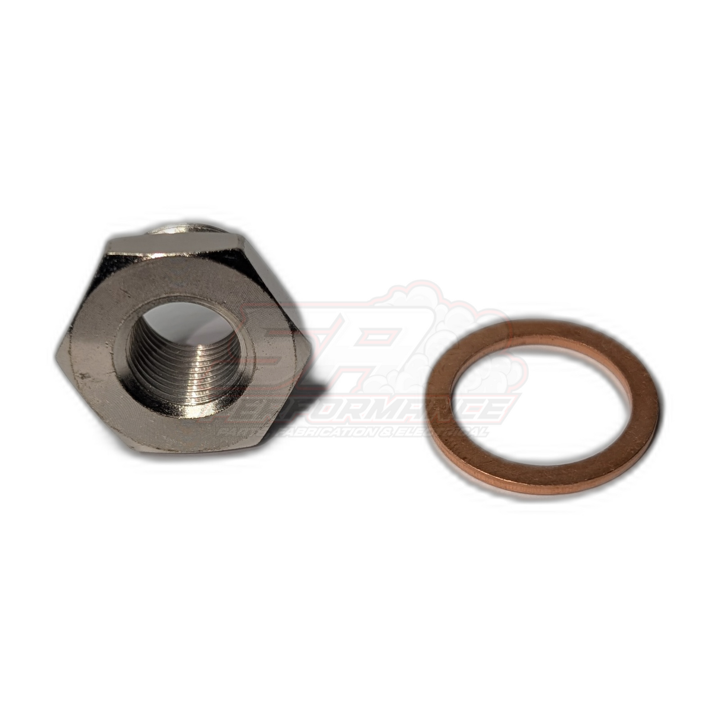 M18 x 1.5mm to M12 x 1.25mm exhaust O2 sensor spacer adapter in stainless steel with copper crush washer, angled view showing internal female threads