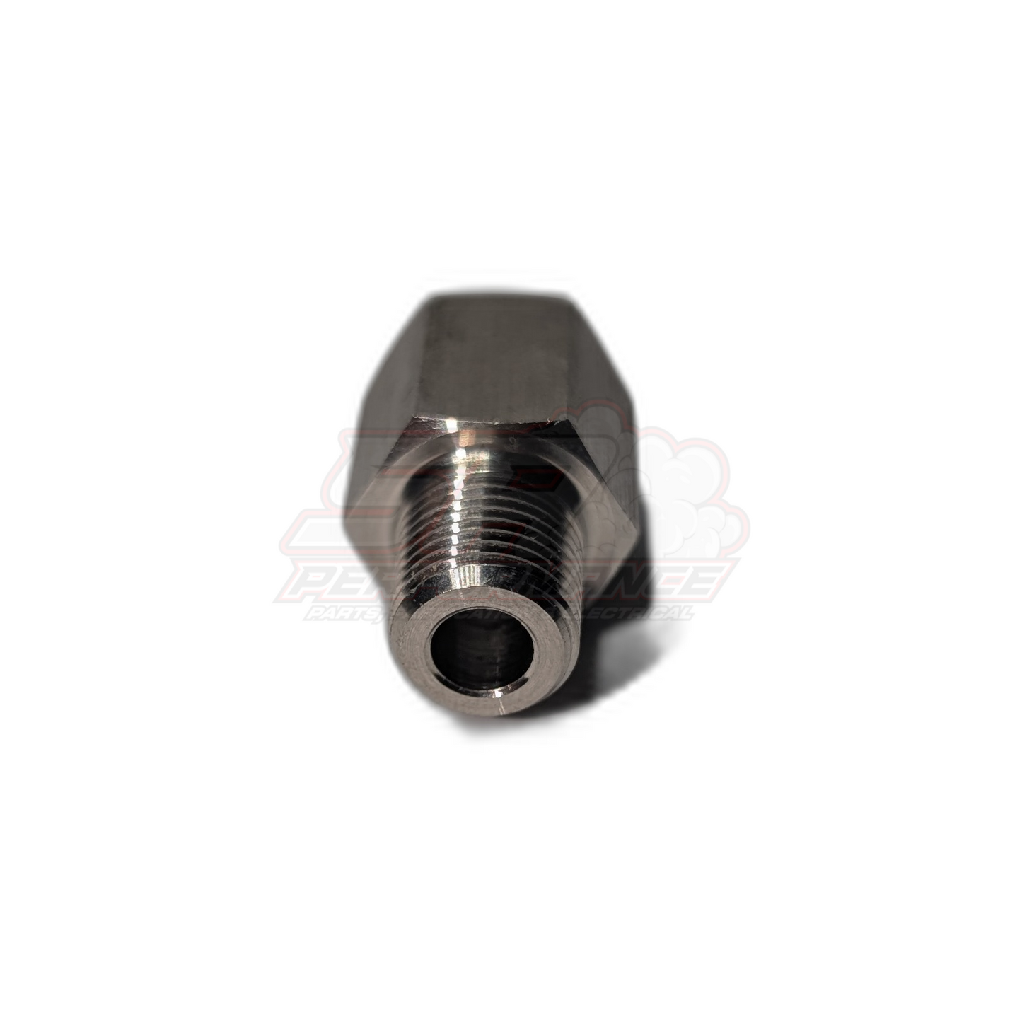 Stainless steel M10x1.0 metric female to 1/8 NPT male adapter fitting front angle view showing threaded bore and hexagonal body for Bosch sensors