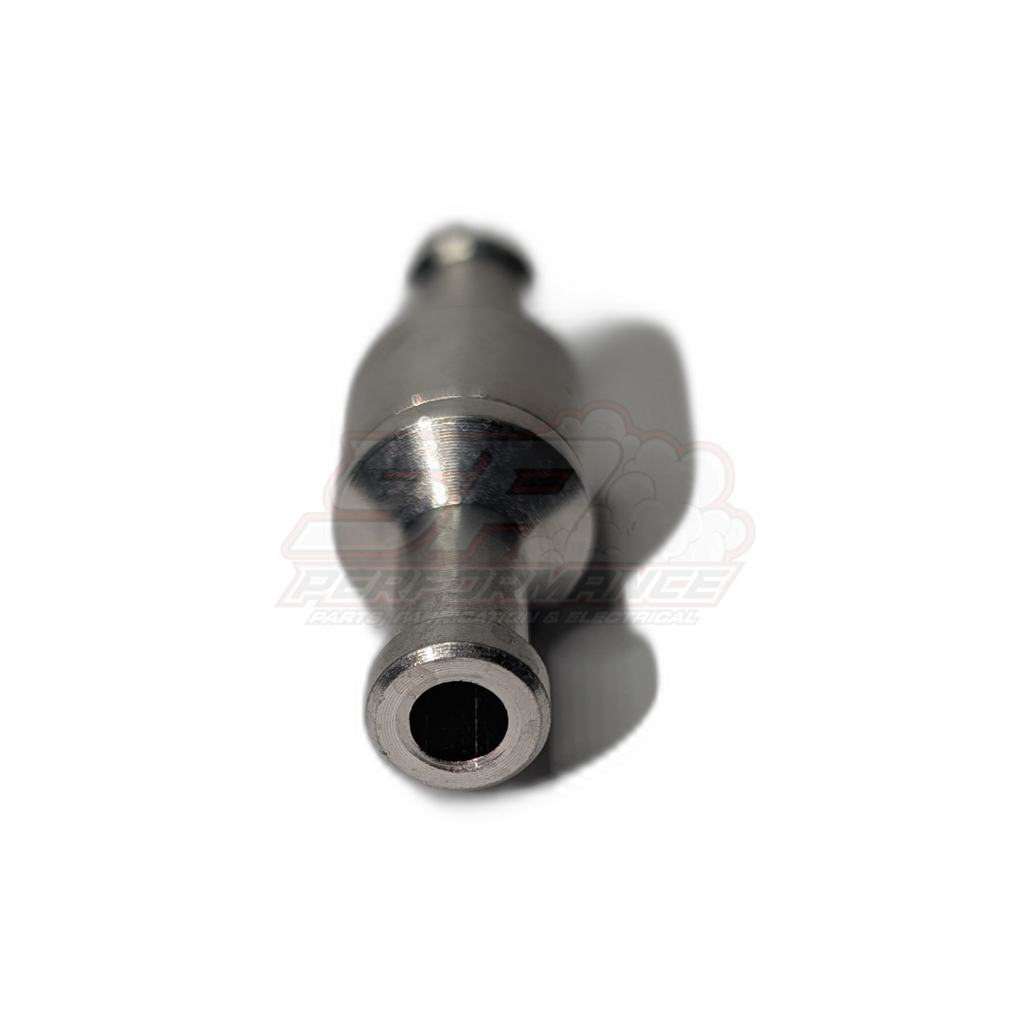 Front view of 8mm aluminium inline one-way valve showing barbed inlet with circular bore and threaded body