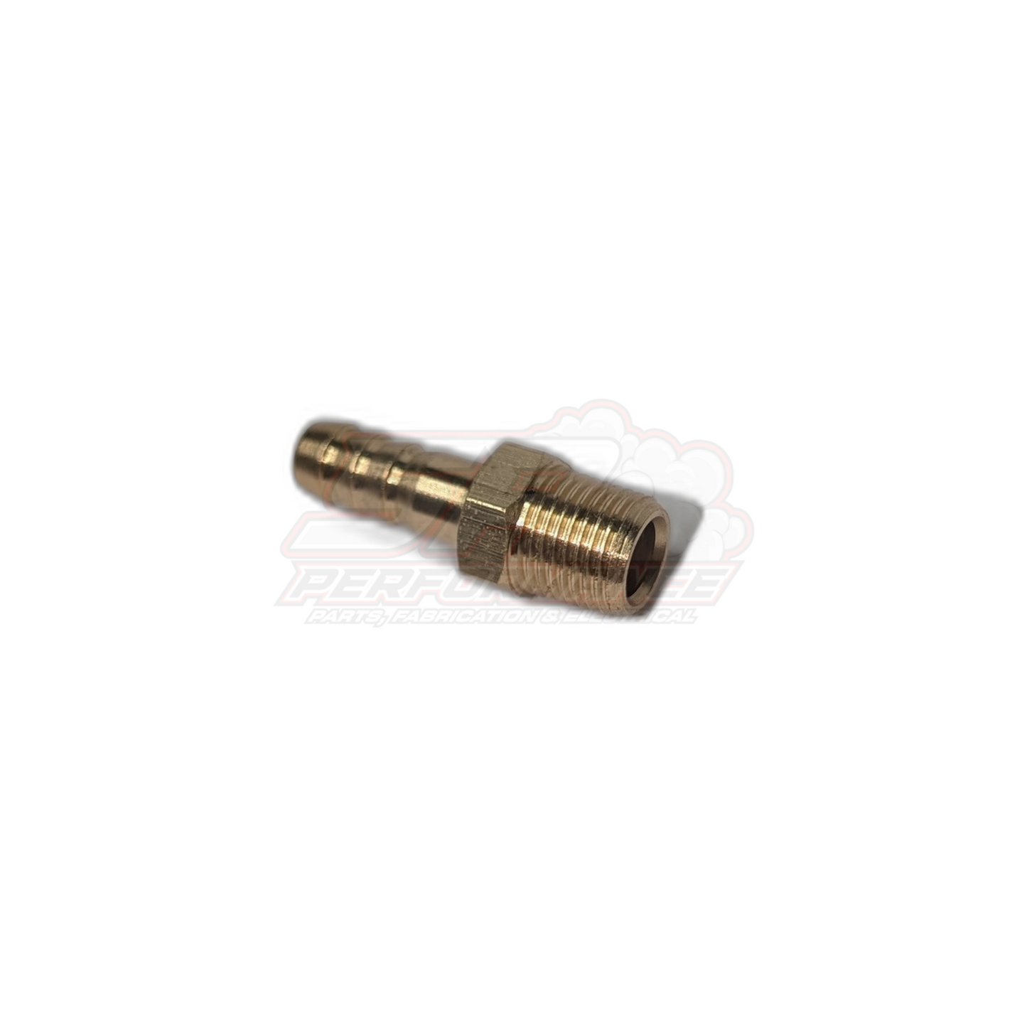 Angled view of 1/8 inch male NPT to 6mm 1/4 inch barb brass fitting showing threaded port and serrated barb end