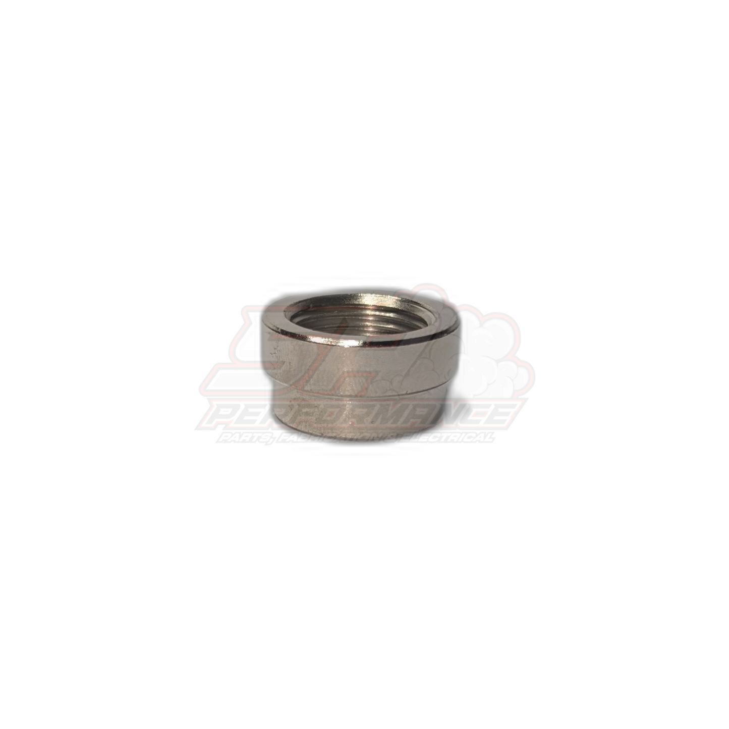 M18x1.5 O2 lambda sensor bung stepped design angled view showing internal threads and stepped shoulder in mild steel