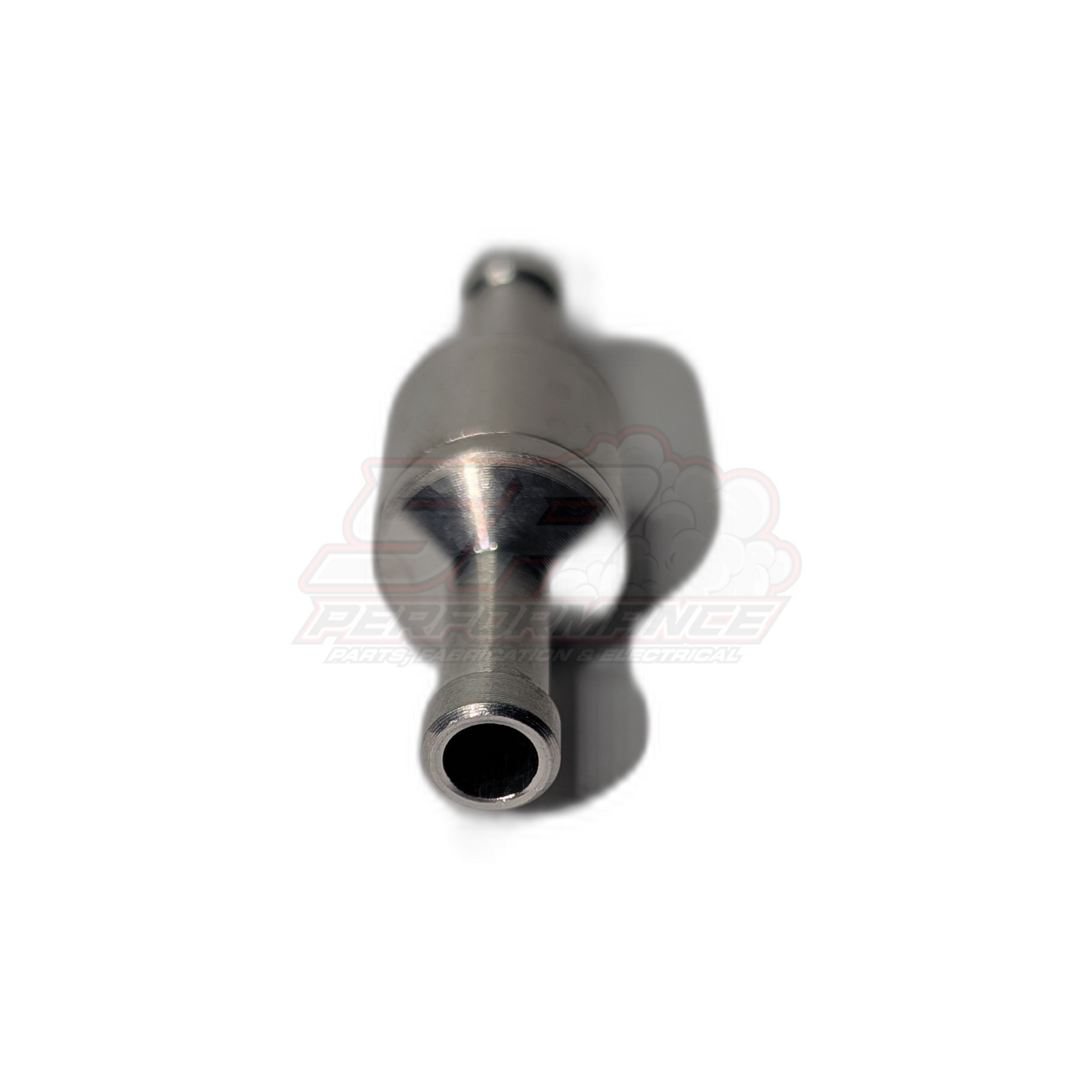 Angled view of 6mm aluminium inline one way valve showing polished conical body and barbed hose connection