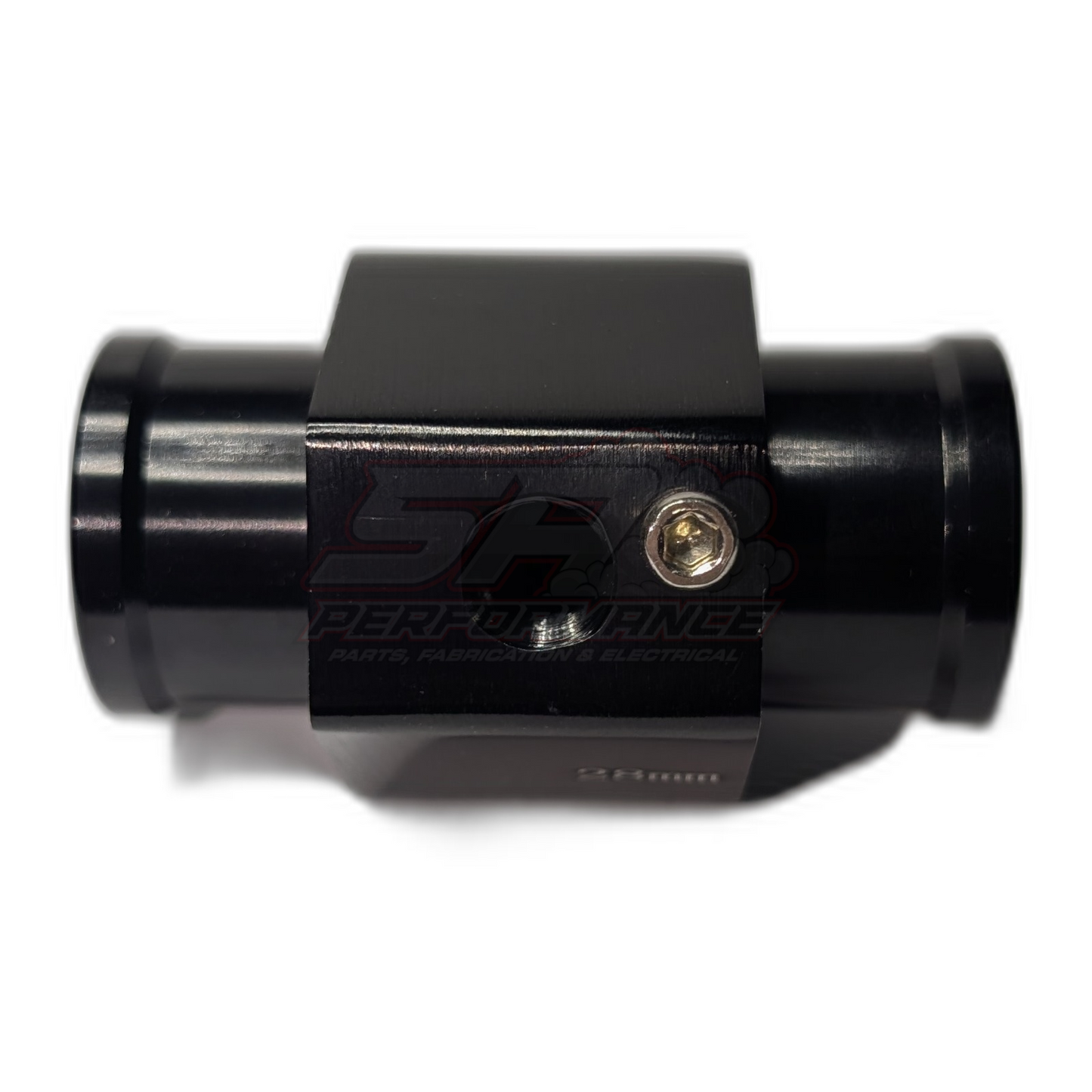 Black anodised aluminium 28mm coolant hose adapter top view showing hex fastener port for 1/8 NPT temperature sensor