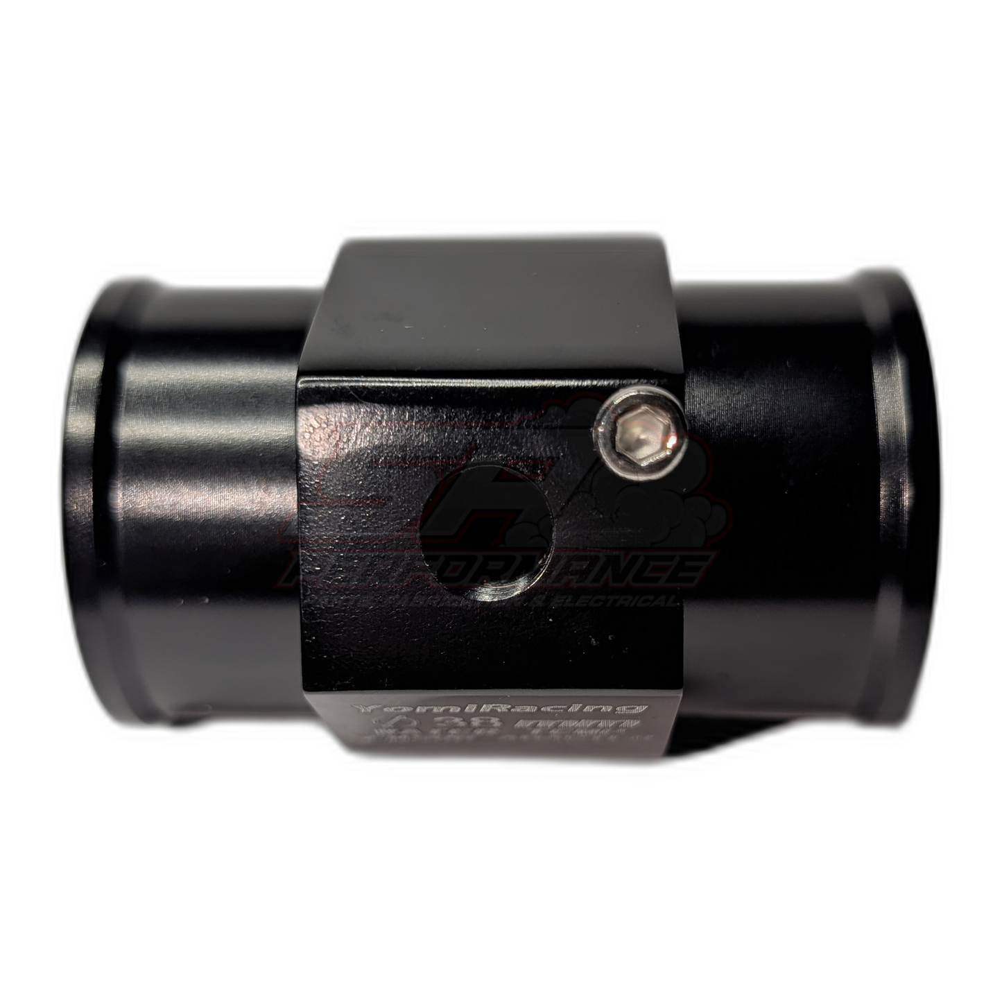 Black anodised aluminium 38mm coolant hose adapter with 1/8 NPT sensor port and hex grub screw, side view showing barbed hose ends