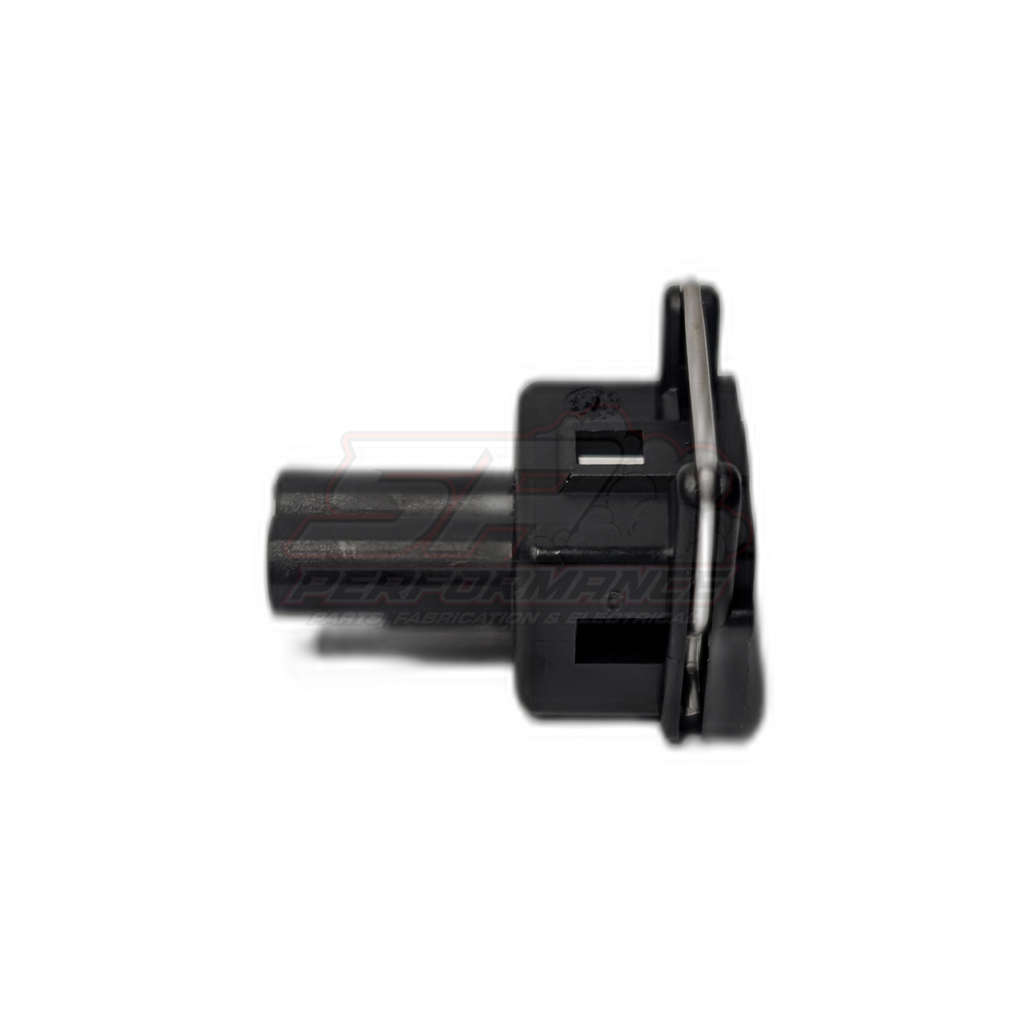 Side angle view of black Bosch 2-pin solid connector housing showing rectangular terminal slots and locking tab