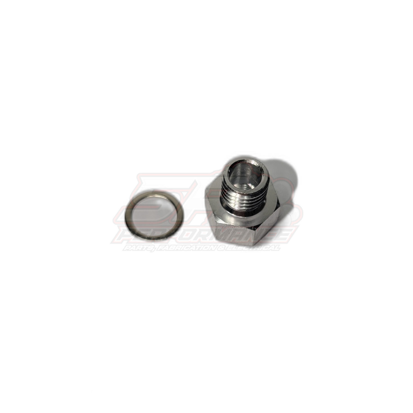 NPT 1/8 female to M12x1.5 male adapter fitting shown from angled top view with stainless steel hex body and included crush washer seal
