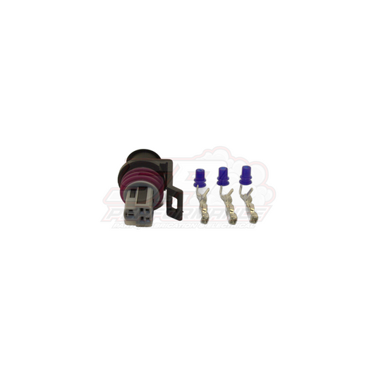 3-pin Delco GM Holden connector with black housing, purple seals, and three gold terminals for TPS oil pressure TI sensors