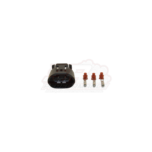 Denso 3-pin alternator connector kit showing black housing with locking tab and three orange-sealed female terminals