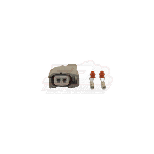 Denso 2-pin fuel injector connector housing with two female terminals and red seals for Nissan Toyota Mitsubishi