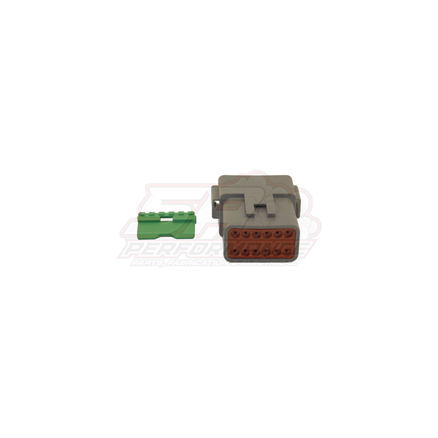 Deutsch DT 12-pin female housing with grey body and brown 12-way insert alongside green wedge lock
