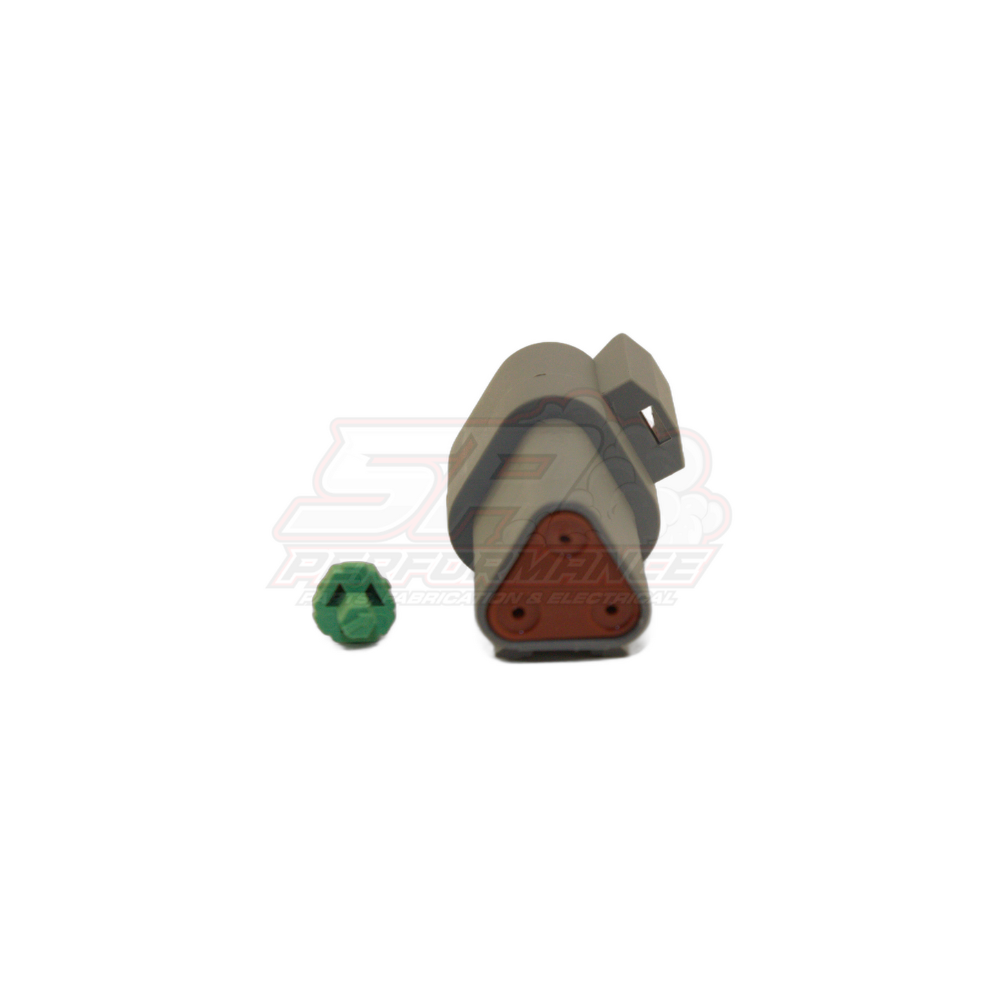 Male Deutsch DT 3 pin connector kit showing grey housing with brown triangular rear insert and green wire seal on white background