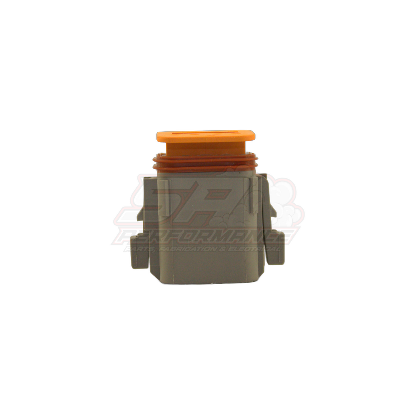 Front-facing view of grey Deutsch DT06-8S(A) 8-pin male housing with orange wedge lock and seal visible at top