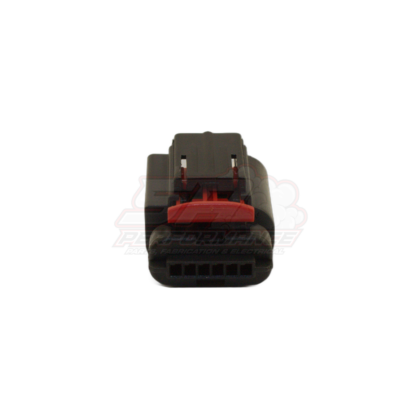 Front view of 6-pin Ford GM throttle body connector showing black housing with red retaining clip and six terminal cavities