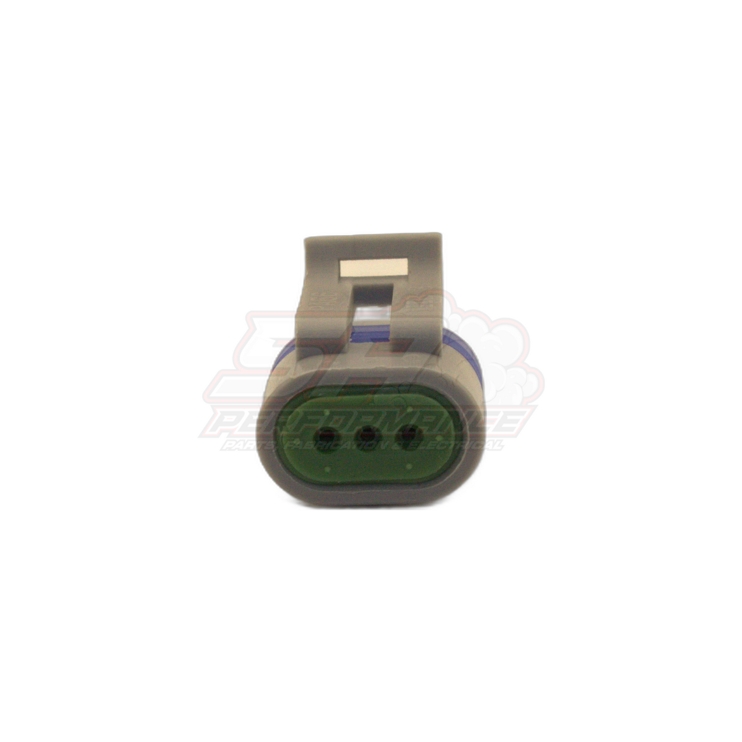 Front view of GM CAS 3-pin connector plug showing grey housing with metal locking tab and green oval seal with three terminal positions for Holden Commodore cam angle sensor