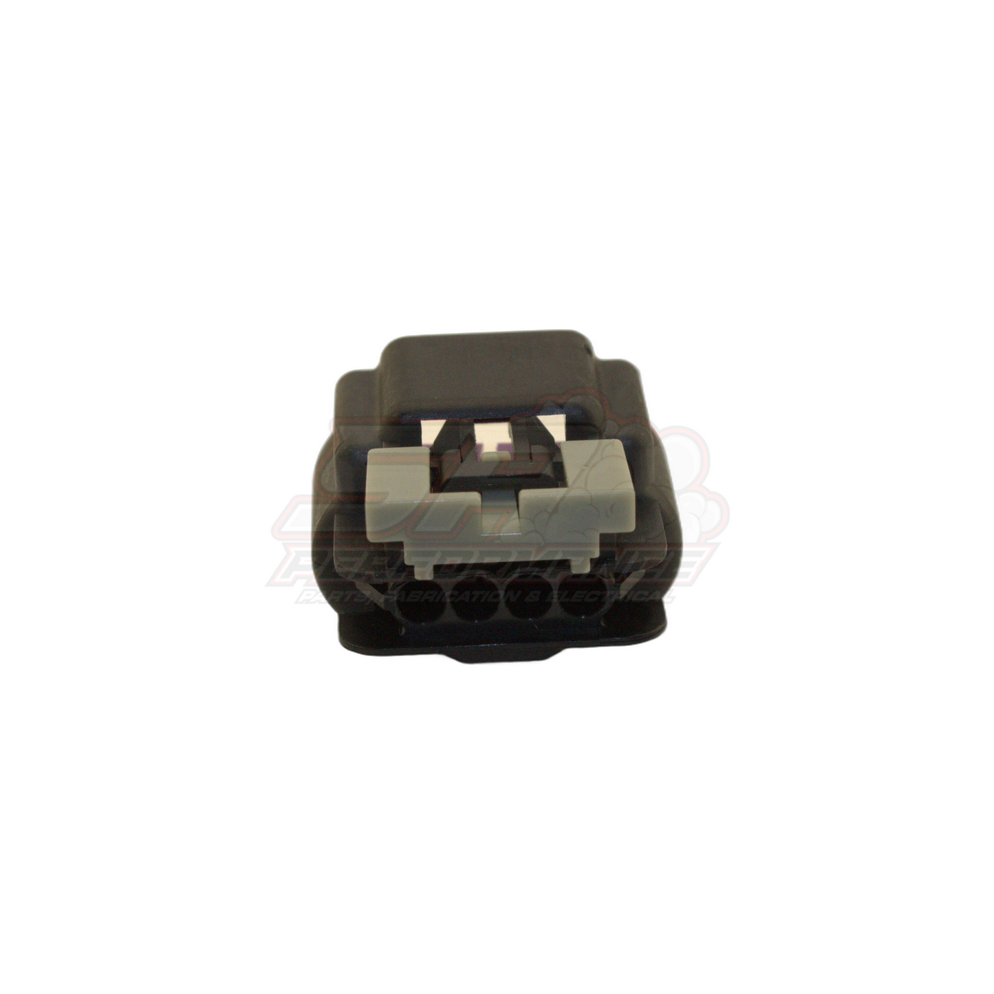 Front view of GM 4-pin black connector housing with grey locking tab and visible terminal cavities for late V6 Commodore coil-on-plug applications