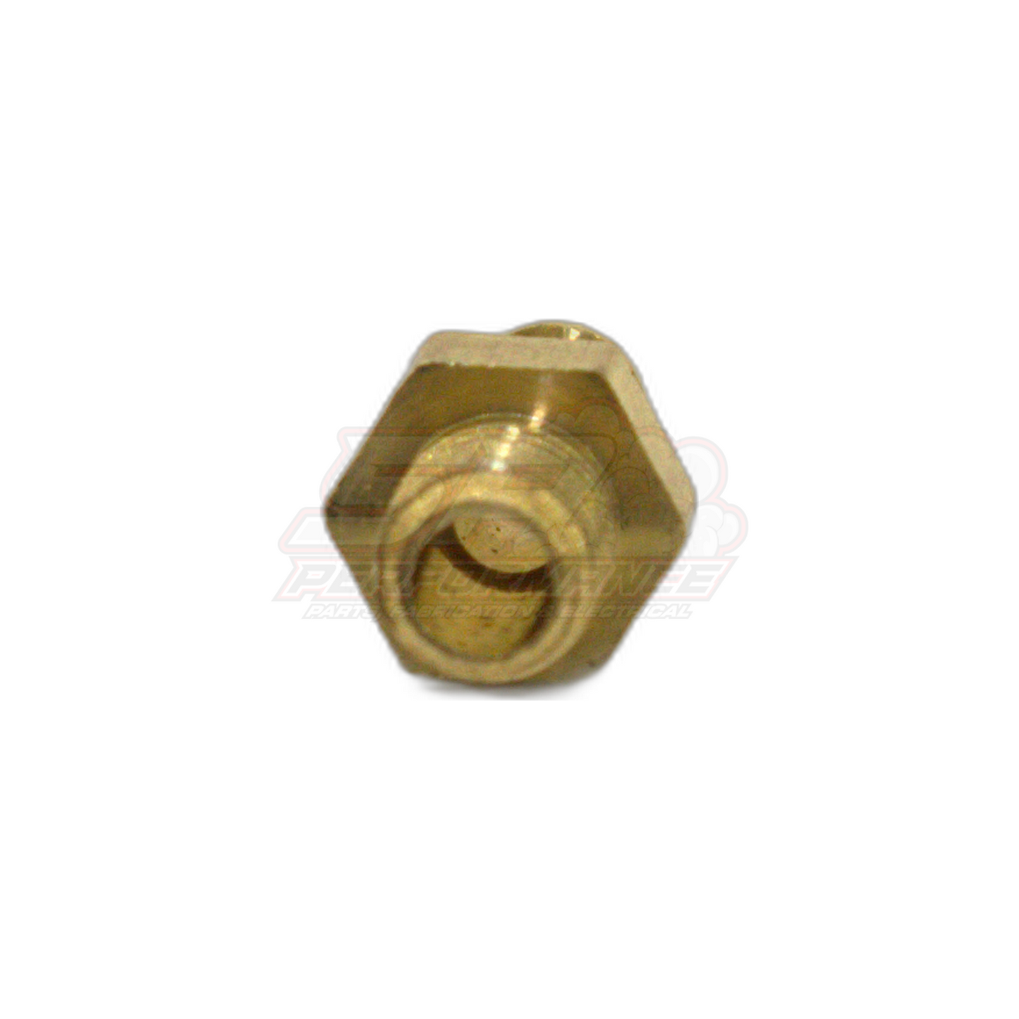 M5x0.8 male metric to 4mm barb brass fitting front angled view showing hexagonal body and internal threaded bore