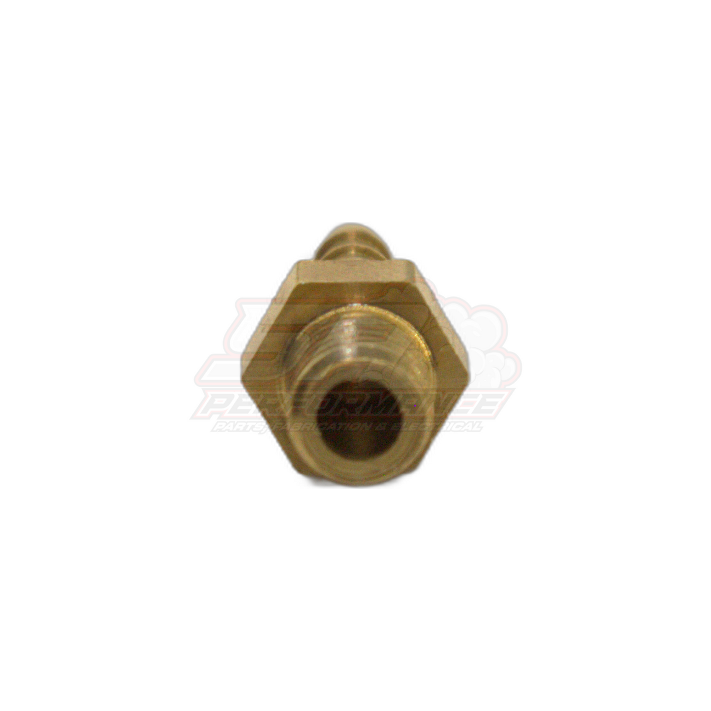 End-on view of M6 x 1.0 male metric to 3mm barb brass fitting showing threaded port and hexagonal body