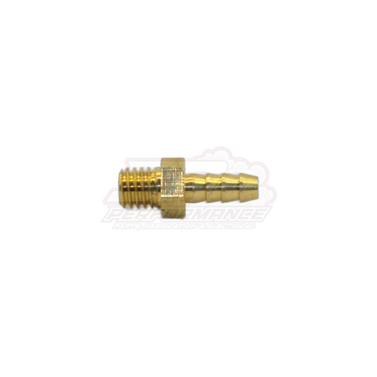 Brass M6 x 1.0 male metric to 4mm barb fitting side profile showing hex body and threaded end