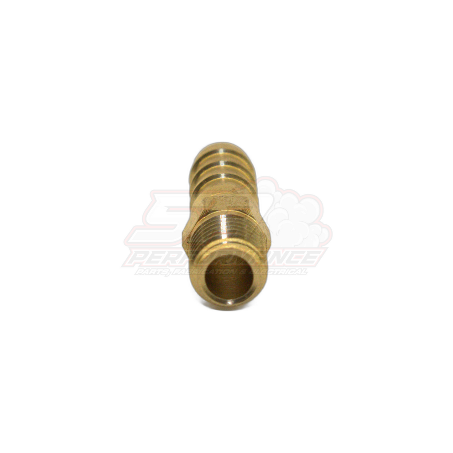 Angled view of M8x1.0 male metric brass barb fitting showing threaded end and hollow bore for 6mm barb connection