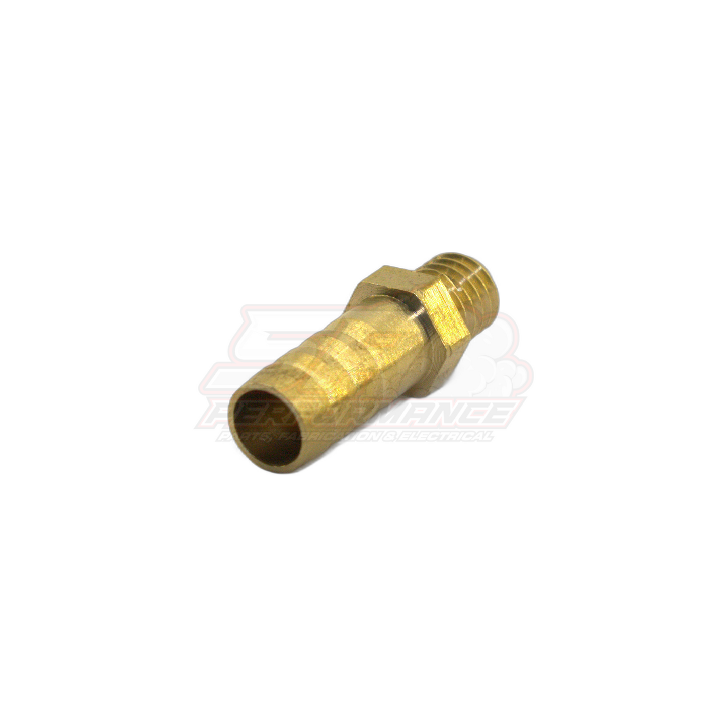 Angled view of M8 x 1.25 male metric thread to 8mm barb brass fitting showing threaded end and ribbed hose connection