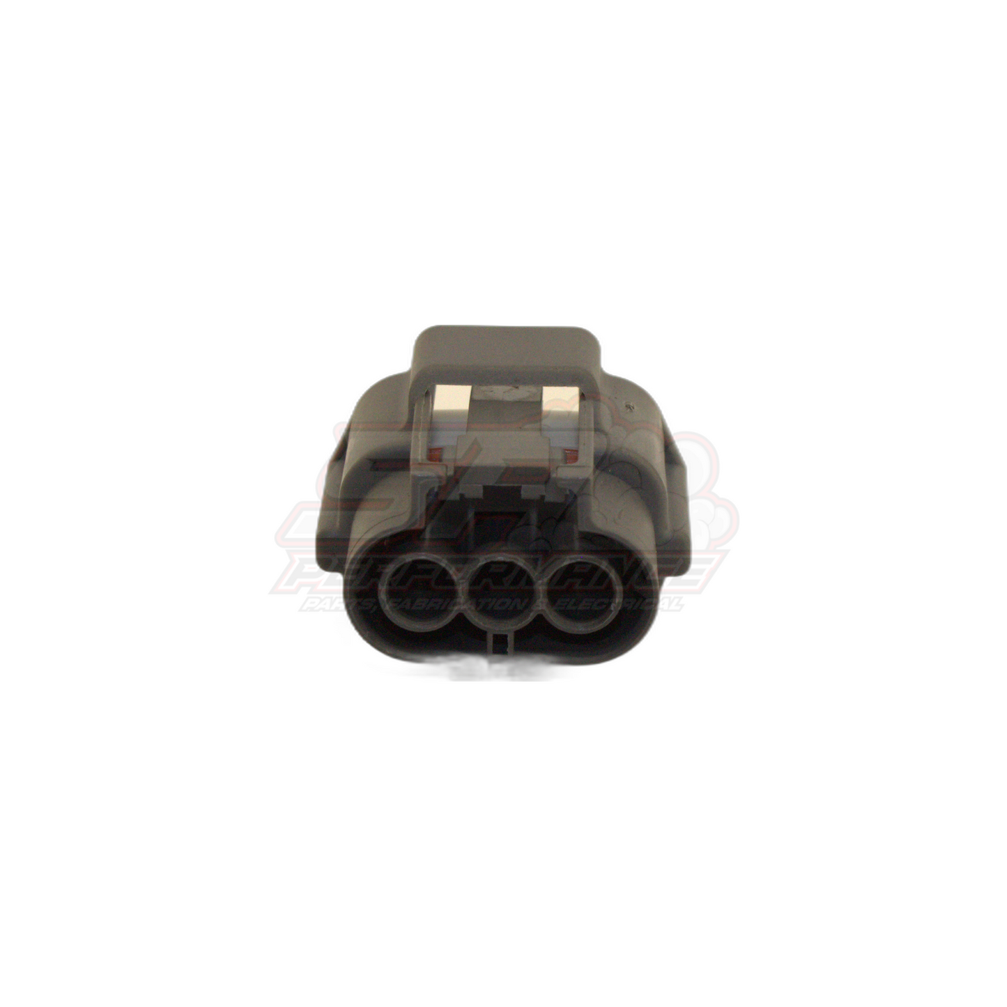 Front angled view of 3-pin Nissan ignition coil and TPS connector showing grey housing with metal locking tabs and three circular terminal cavities
