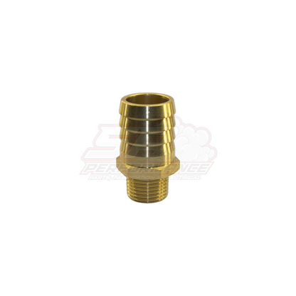 Brass 1/2 inch male NPT to 25mm 1 inch barb fitting angled view showing four-ribbed hose tail and external NPT threads