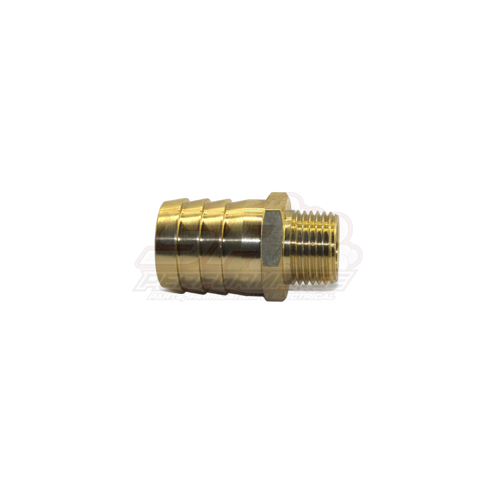 Brass 1/2 inch male NPT to 25mm 1 inch barb fitting shown in side profile with ribbed hose barb and hexagonal threaded section