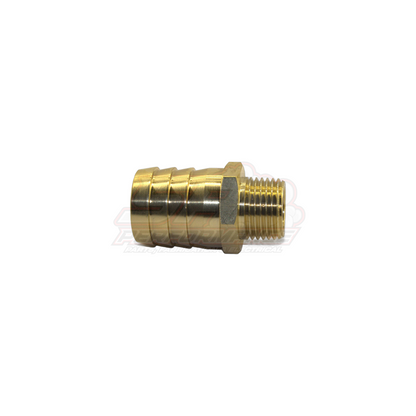 Brass 1/2 inch male NPT to 25mm 1 inch barb fitting shown in side profile with ribbed hose barb and hexagonal threaded section