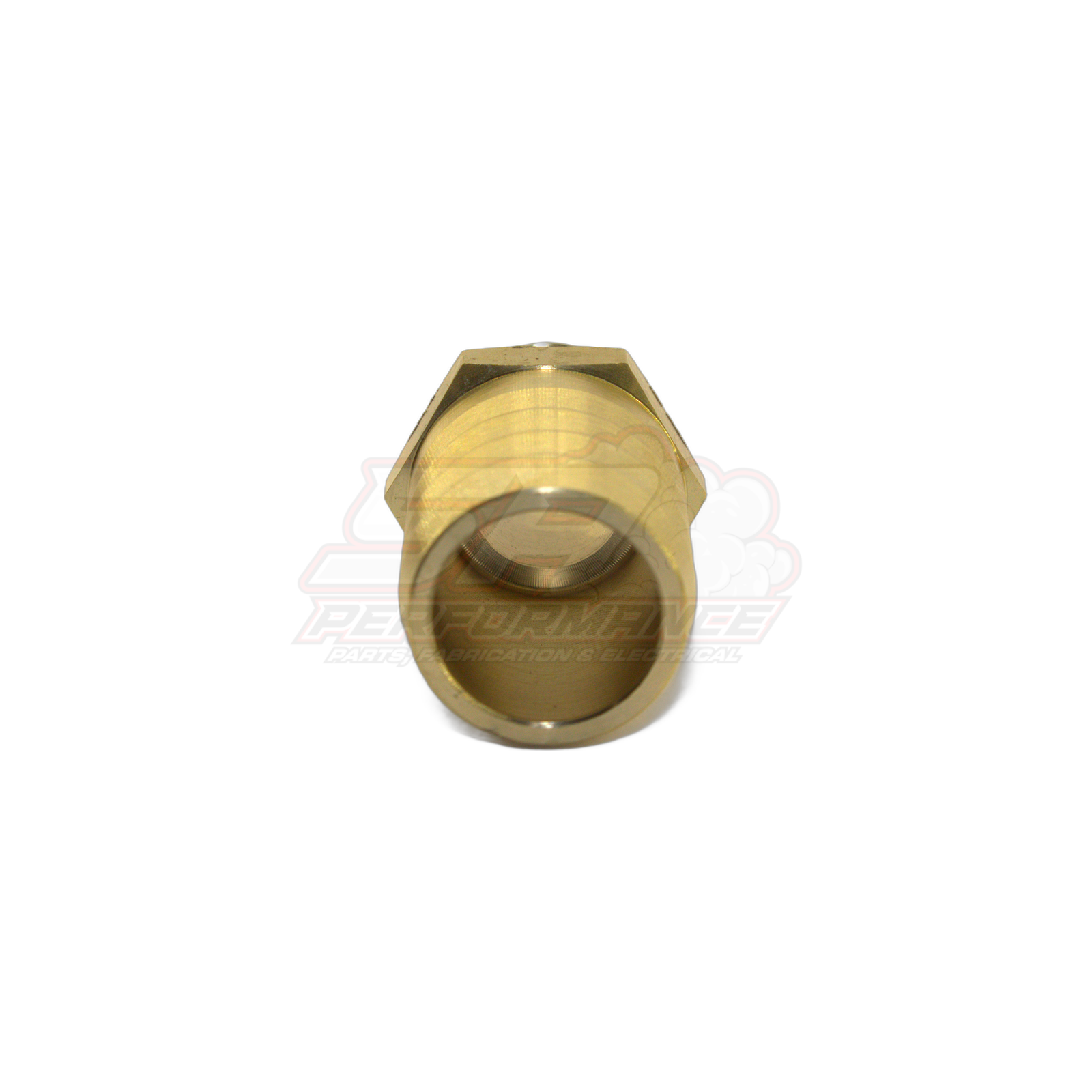 Front angled view of brass 1/2 inch male NPT to 25mm 1 inch barb fitting showing hexagonal wrench flats and internal thread detail