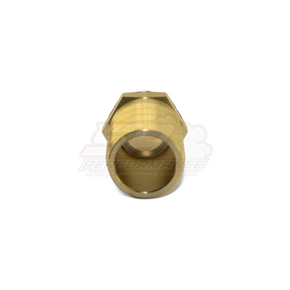 Front angled view of brass 1/2 inch male NPT to 25mm 1 inch barb fitting showing hexagonal wrench flats and internal thread detail