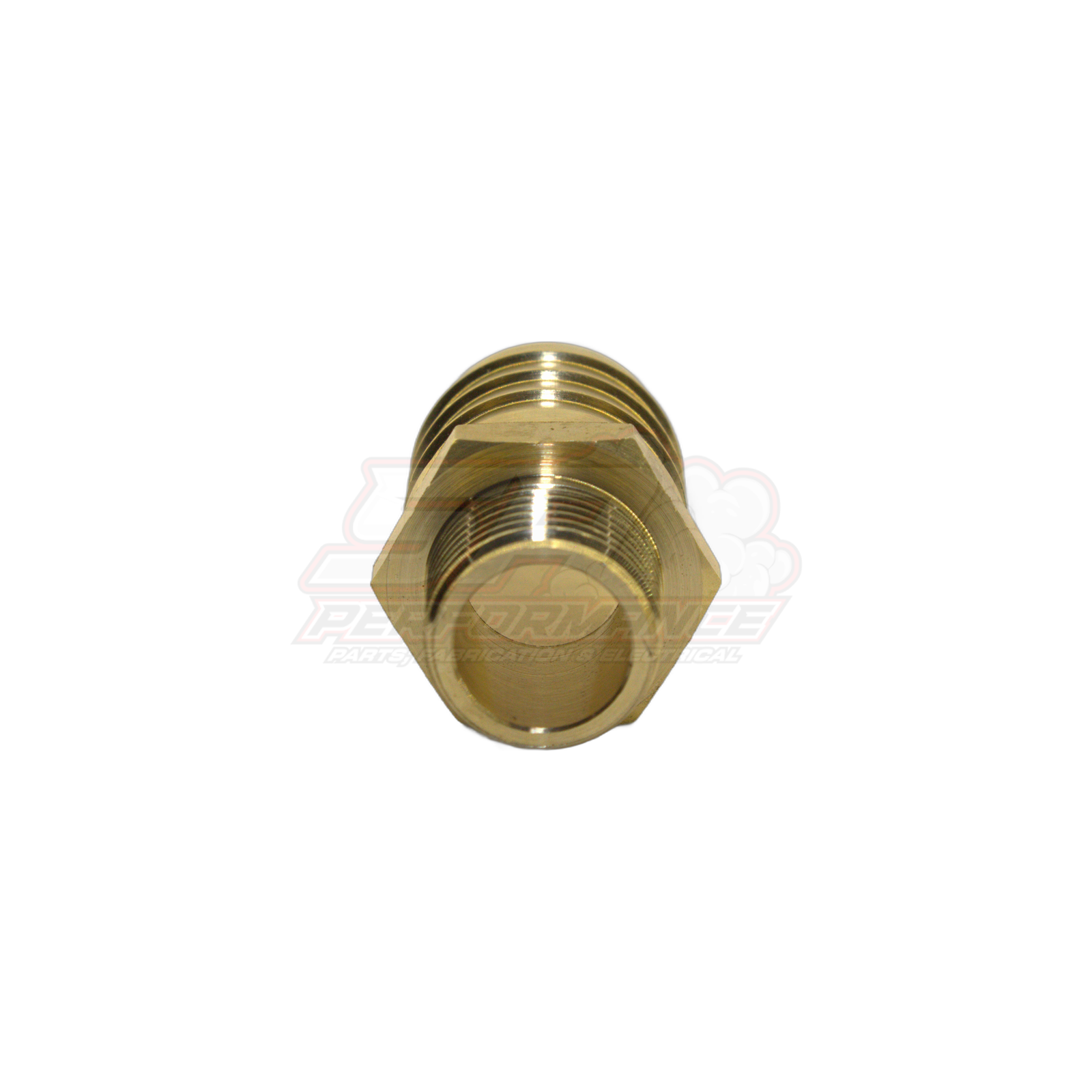 Angled top view of 1/2 inch male NPT to 25mm barb brass fitting showing internal threads and hex body