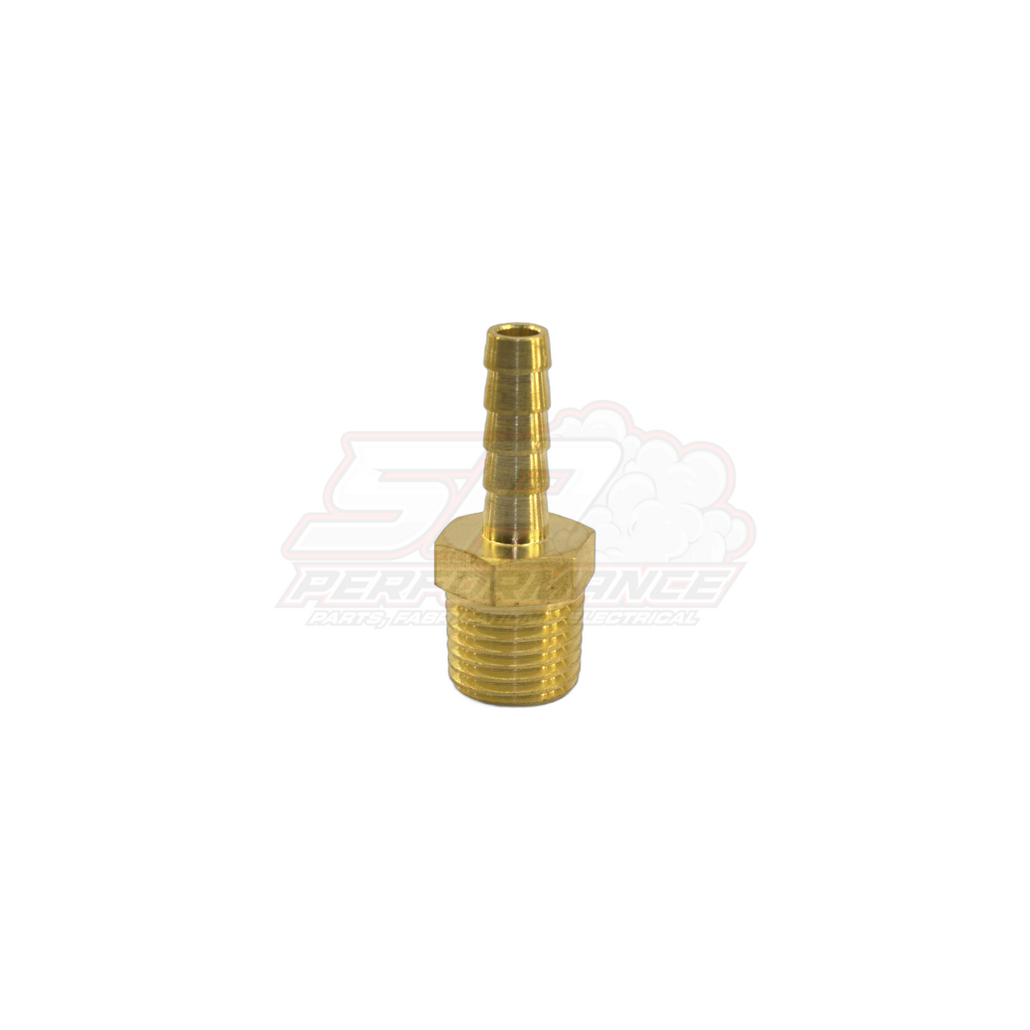 Brass 1/4 inch male NPT to 6mm barb fitting shown at angle with threaded base and stepped hose tail visible